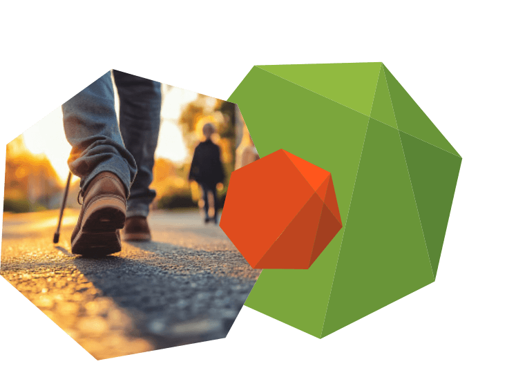 Heptagoner med bild på ben och stavgång i ena.